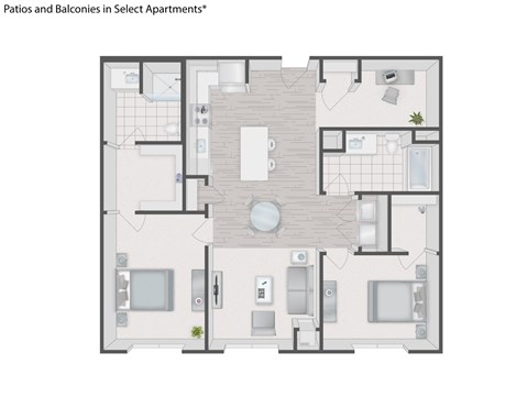 A floor plan of an apartment showing the layout of the rooms and appliances.